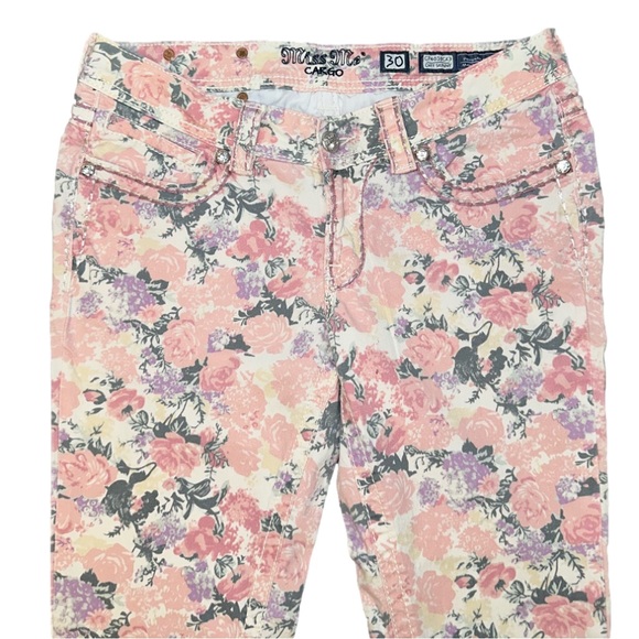 Miss Me Jeans Cargo Women's Sz 30 Pink Floral Print Cuff Skinny Jeans Low Rise✨ - Picture 2 of 13